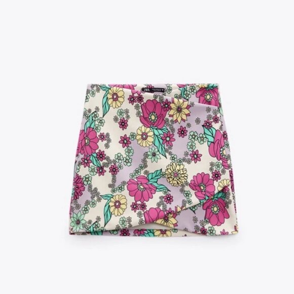 Zara Retro Colorful Floral Wrapover Mini Skirt M - Picture 2 of 6